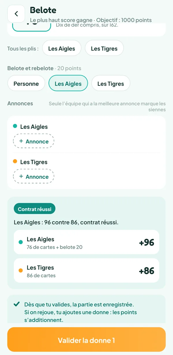 Écran de Teamzy : contrat réussi pour les Aigles grâce à la belote, 96 points contre 86