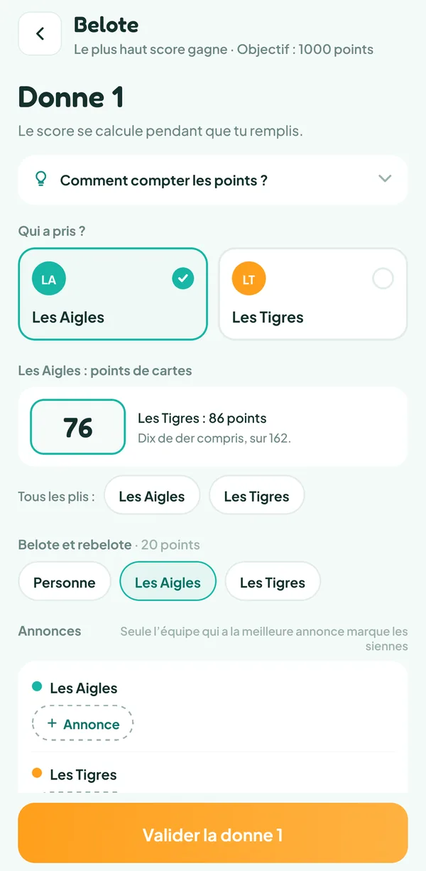 Écran de Teamzy : saisie d'une donne de Belote, avec l'équipe qui a pris, ses points de cartes et la belote