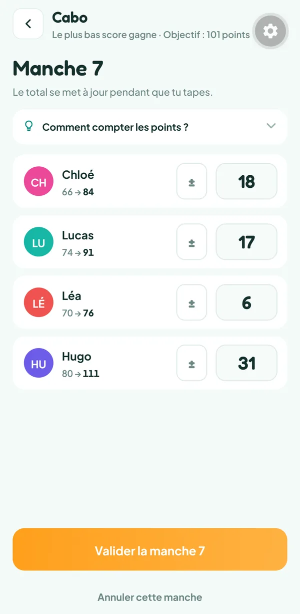 Écran de Teamzy : saisie de la manche 7 d'une partie de Cabo, 18 pour Chloé, 17 pour Lucas, 6 pour Léa et 31 pour Hugo