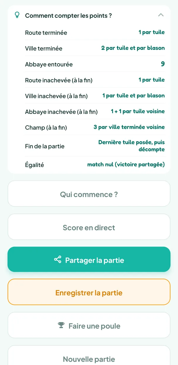 Écran de Teamzy : l'aide « Comment compter les points ? » de Carcassonne, avec la valeur des routes, villes et abbayes, terminées ou inachevées, et des champs
