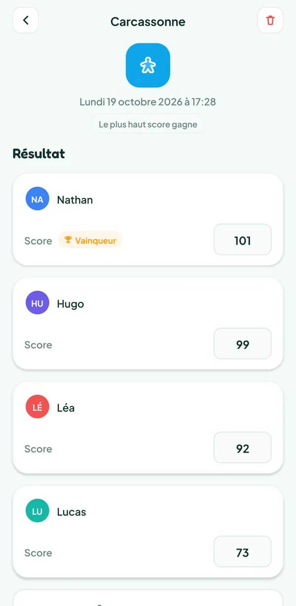Écran de Teamzy : la partie de Carcassonne dans l'historique, gagnée par Nathan avec 101 points