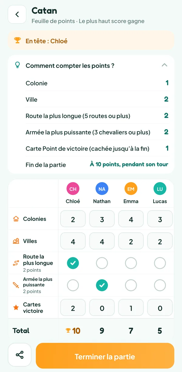 Écran de Teamzy : l'aide « Comment compter les points ? » de Catan, avec la valeur des colonies, des villes, des deux cartes spéciales et des cartes Point de victoire