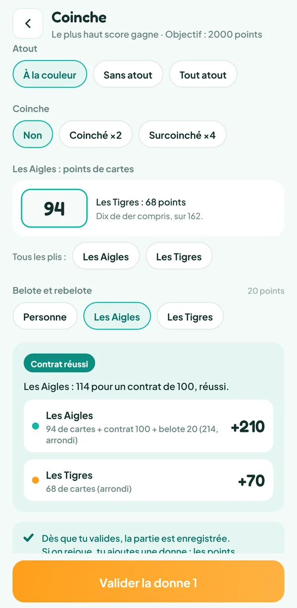 Écran de Teamzy : contrat de 100 réussi pour les Aigles grâce à la belote, 210 points contre 70 après l'arrondi