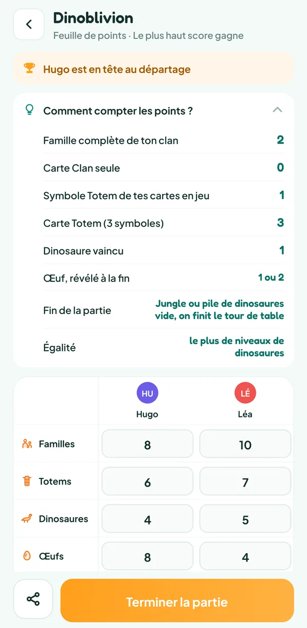Écran de Teamzy : l'aide « Comment compter les points ? » de Dinoblivion, avec la valeur de chaque catégorie