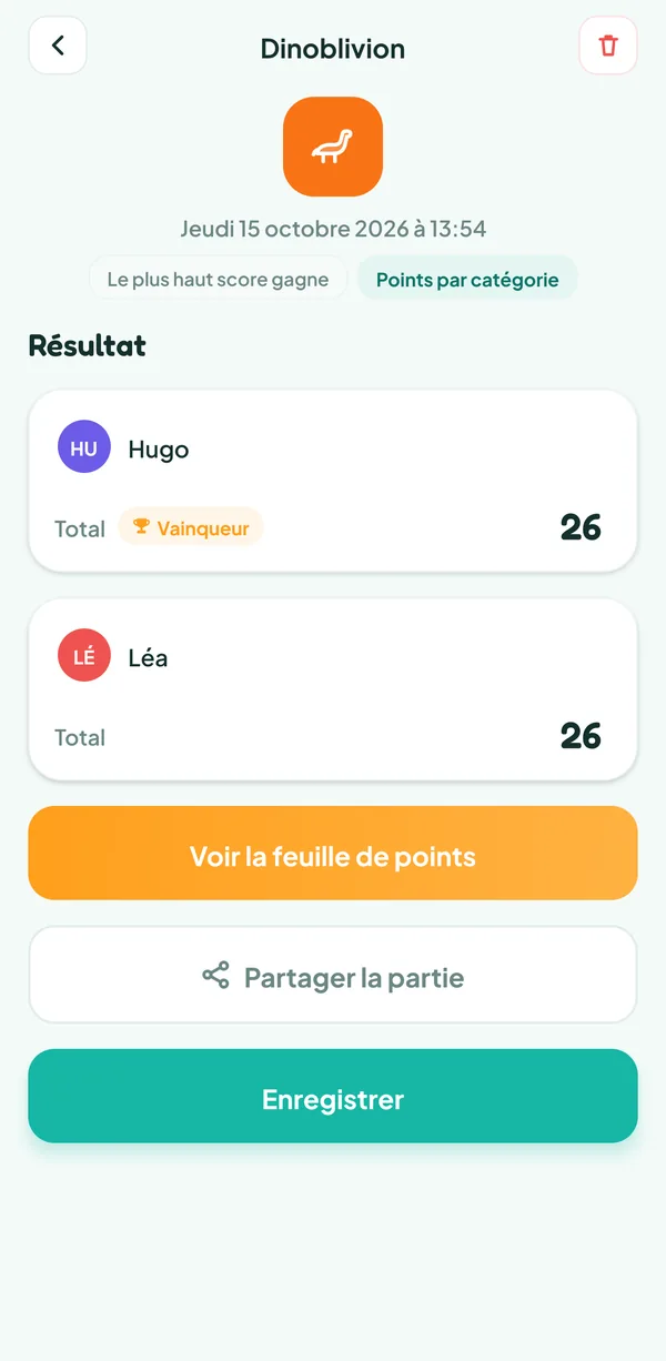 Écran de Teamzy : la partie de Dinoblivion dans l'historique, gagnée par Hugo