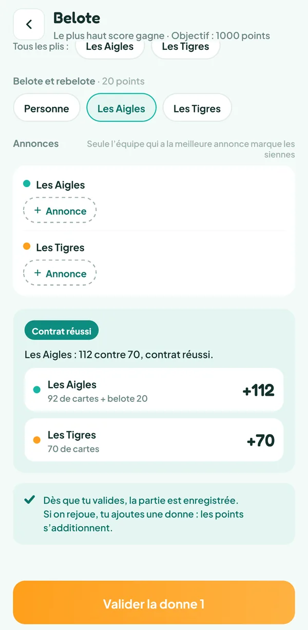 Écran de Teamzy : saisie d'une donne de belote, 92 points de cartes plus la belote, contrat réussi