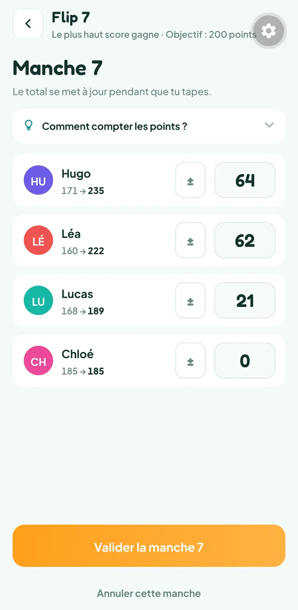 Écran de Teamzy : saisie de la manche 7 de Flip 7, 64 points pour Hugo, 62 pour Léa, 21 pour Lucas et 0 pour Chloé