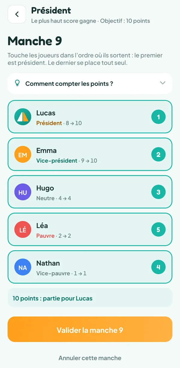 Écran de Teamzy : saisie de la neuvième manche du Président, Lucas président passe de 8 à 10 et Emma vice-présidente de 9 à 10