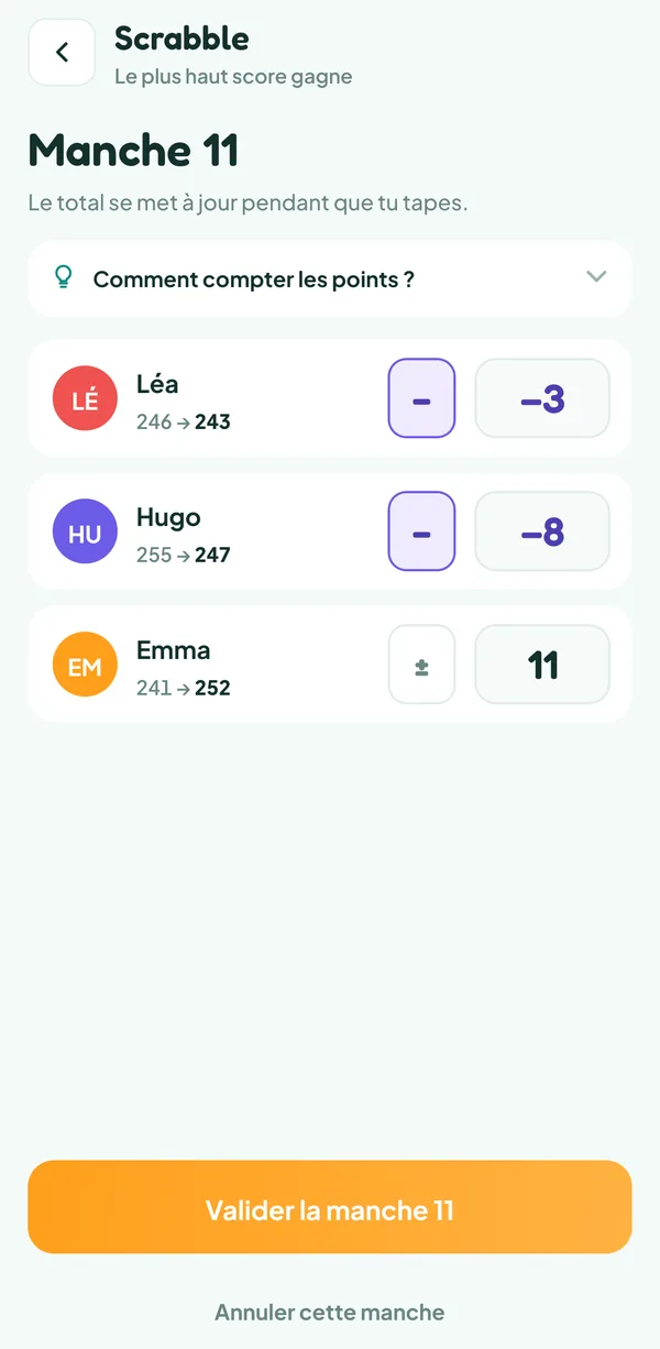 Écran de Teamzy : saisie de la dernière manche du Scrabble, celle des lettres restantes : −3 pour Léa, −8 pour Hugo et 11 pour Emma, qui a tout posé