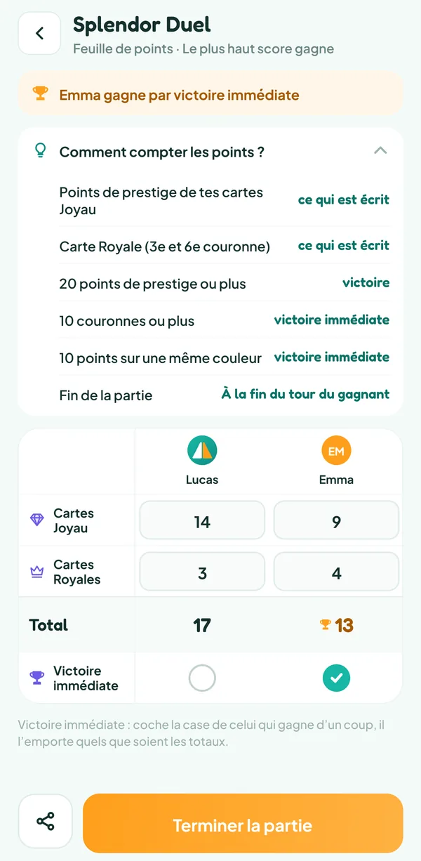 Écran de Teamzy : l'aide « Comment compter les points ? » de Splendor Duel, avec les trois victoires