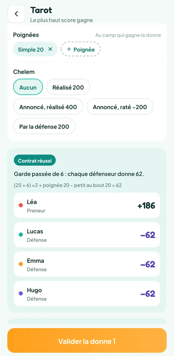 Écran de Teamzy : la garde de Léa passée de 6, +186 pour elle et −62 pour chaque défenseur