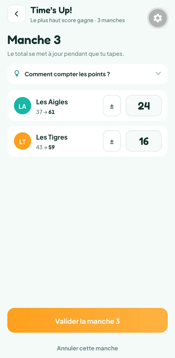 Écran de Teamzy : saisie de la manche 3 d'une partie de Time's Up!, 24 cartes trouvées par Les Aigles et 16 par Les Tigres