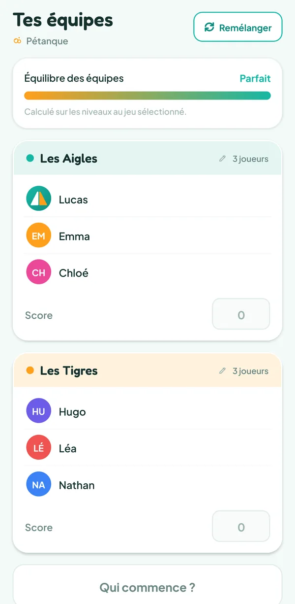 Écran de Teamzy : deux équipes de pétanque tirées au sort, avec un équilibre parfait