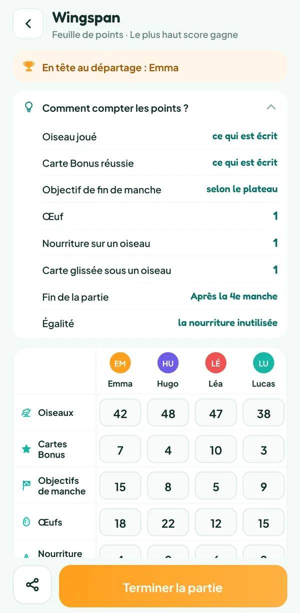 Écran de Teamzy : l'aide « Comment compter les points ? » de Wingspan, avec la valeur des oiseaux, des cartes Bonus, des objectifs, des œufs, de la nourriture et des cartes glissées